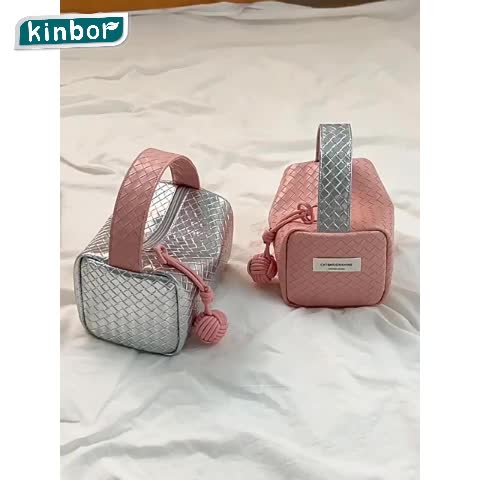 Pouch Cosmetic Make Up Women's Color Blocking Woven Pattern Small Handbag Wanita