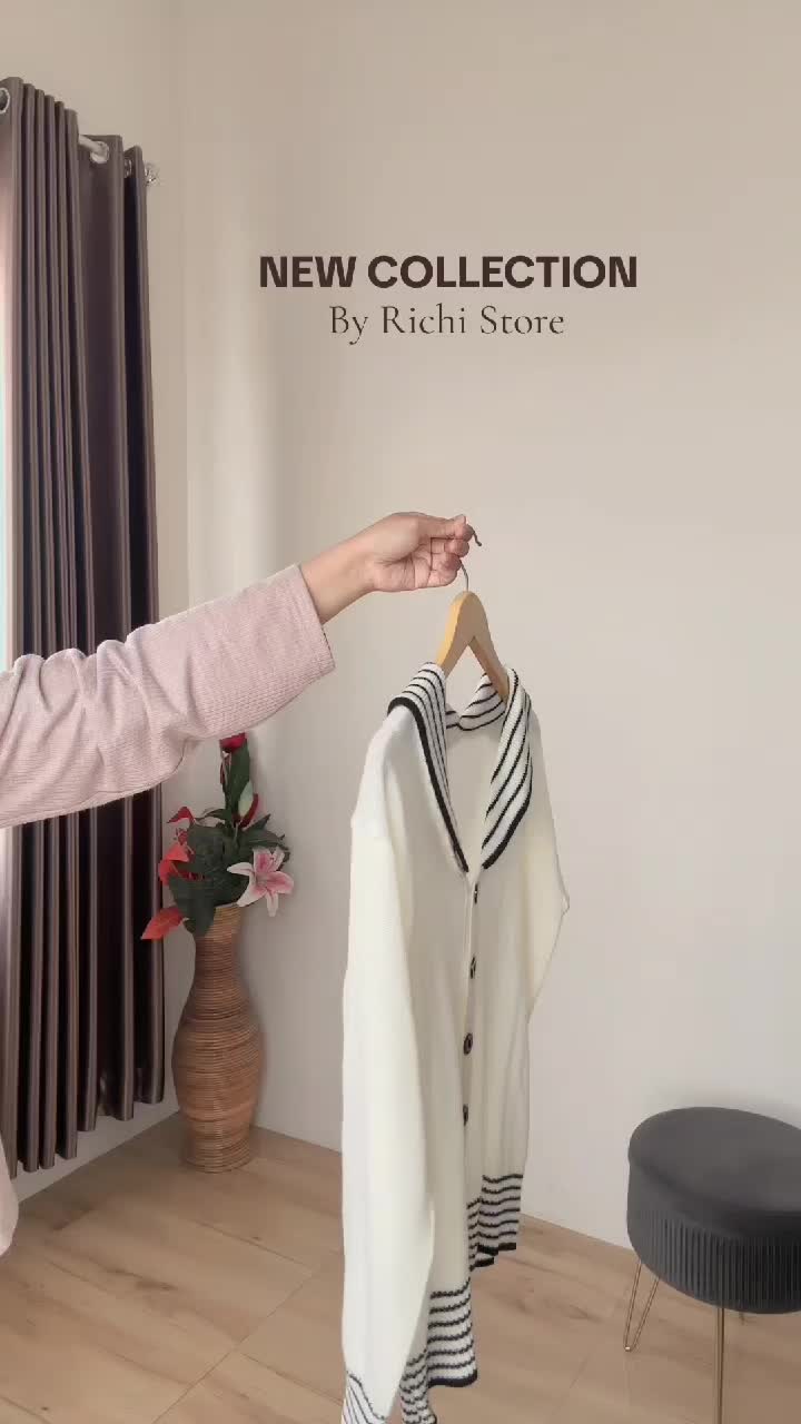 Nabila Cardigan Full Kancing Rajut Baju Wanita  Garis Atasan Kerah