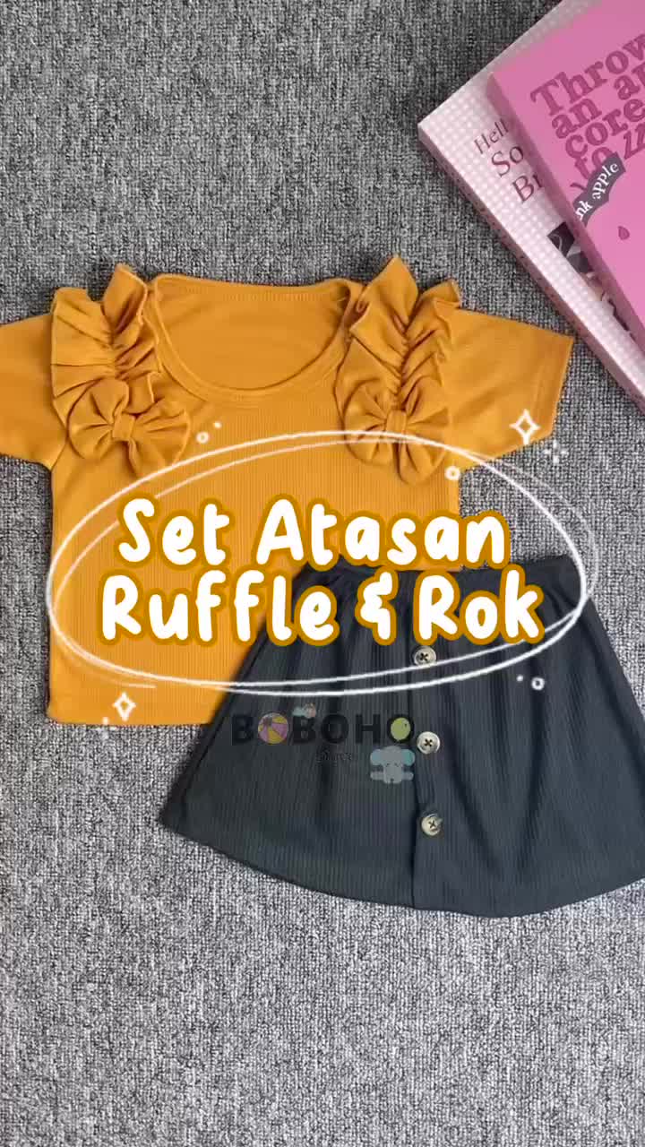 BOBOHO - Setelan Rok Anak Perempuan Lokal / Atasan Lengan Ruffle dan Rok Kancing Anak Perempuan Cantik