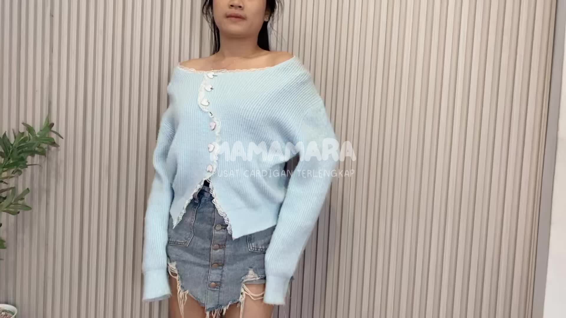 MAMAMARA - Cardigan Wanita Love Ruffle Atasan Sweater Button Love Knit Lace Rajut Top Knitwear Panjang Outer Baju Kardigan Kancing Oversize Crop Tebal Basic