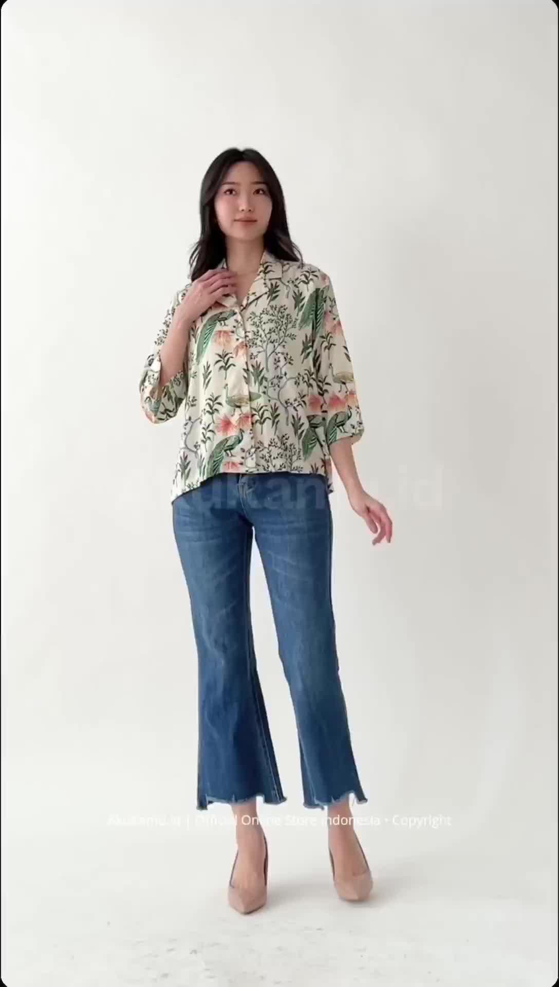 Kemeja Wanita Motif Merak Lengan Panjang 3/4 Pemium | Baju Atasan Pakaian Formal Kasual Blouse Korea Katun Cewek Top Kerja Casual