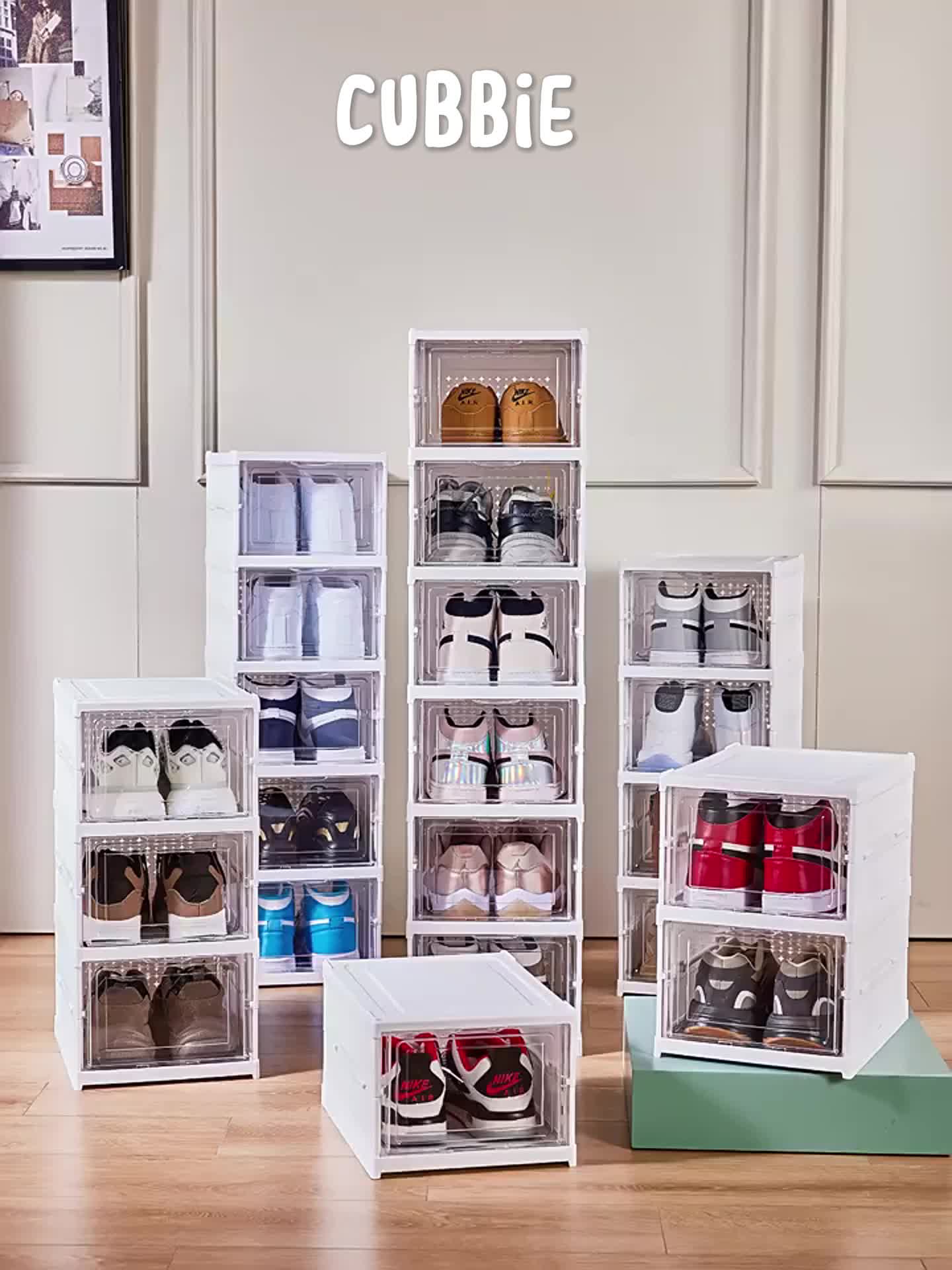 CUBBIE Kotak Sepatu Lipat/Rak Sepatu Lipat/Lemari Sepatu Lipat-Transparan,Plastik,Lipat,Simpan,Anti Debu,Multifungsi,aesthetic raksepatu portabel/box sepatu transparan serbaguna/bersusun sandal tertutup 【Tidak Diperlukan Instalasi】