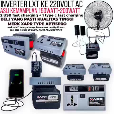 XAPR Inverter Baterai LXT AP175PRO Mengubah Arus Listrik DC ke AC 220V Multifungsi dengan 2 Port USB & 1 Port Charger Type-C Kapasitas 150W-200W