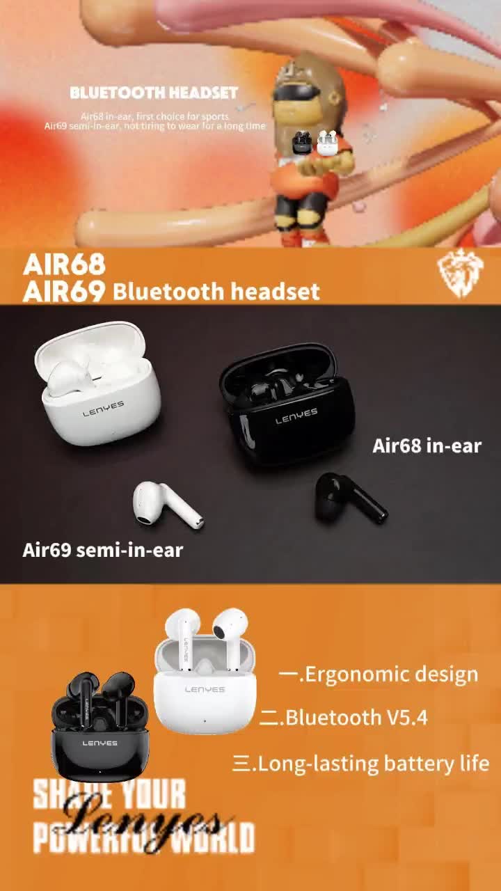 LENYES AIR 68 TWS Wireless Earphone Bluetooth 5.4 Headset Smart Touch Hifi Stereo Earbuds