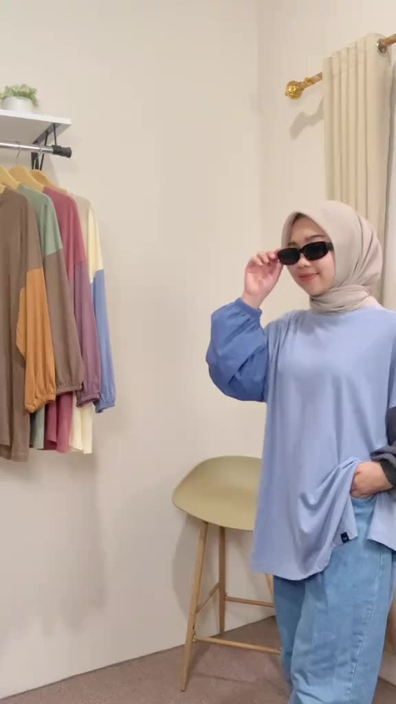 Mix Color Non Busui Baju Kaos Katun Combed Polos Lembut Slit Nyaman Oversized Cewek Tshirt Kombinasi Tricolor Tangan Balon Panjang Melar Jumbo by Ziggy Wanita Distro Atasan Basic Pendek