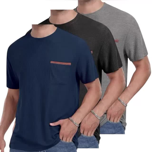 Paket Hemat 3 Pcs Kaos Waffle Polos Lengan Pendek Kantong Bahan Lembut Anti Kusut Oblong Pria Casual Kancing