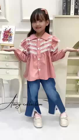 KINARA BAJU STELAN ANAK PEREMPUAN 3-12 TAHUN,STELAN BAJU MOTIF RENDA DAN CELANA JEANS CUTBRAY -FASHION