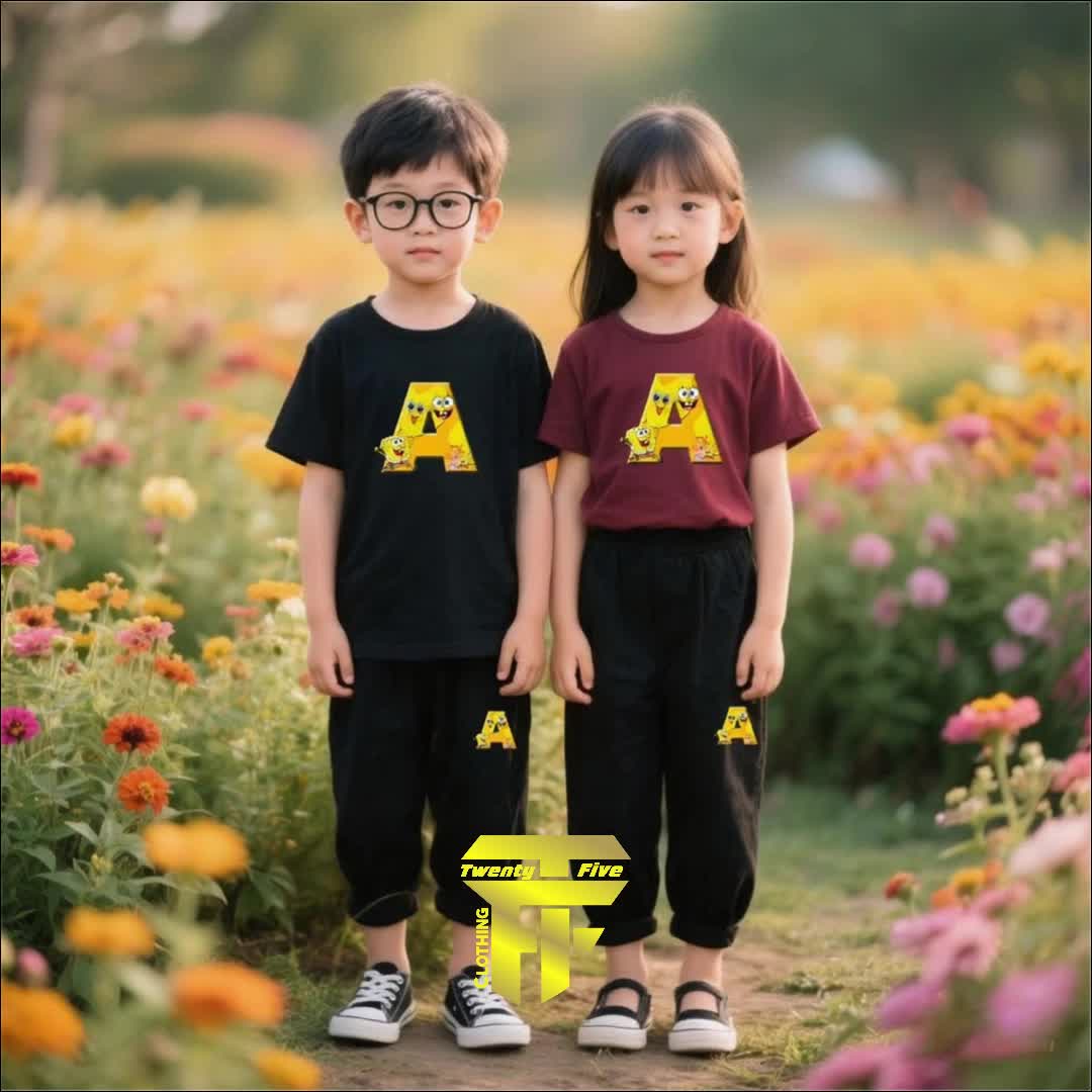 Setelan Kaos Celana Panjang Anak Laki-laki Stelan Set Baju Fashion Anak Perempuan Spongebob Alfabet A Usia 5-15 Tahun