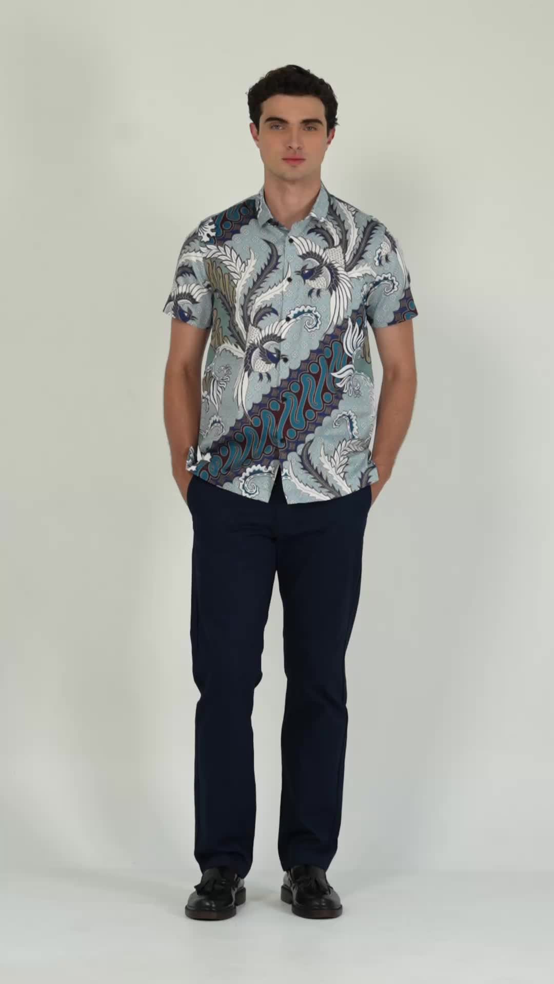 MANZONE - Kemeja Batik Lengan Pendek Pria Pandarka 03 Modern Fit - Green Grey