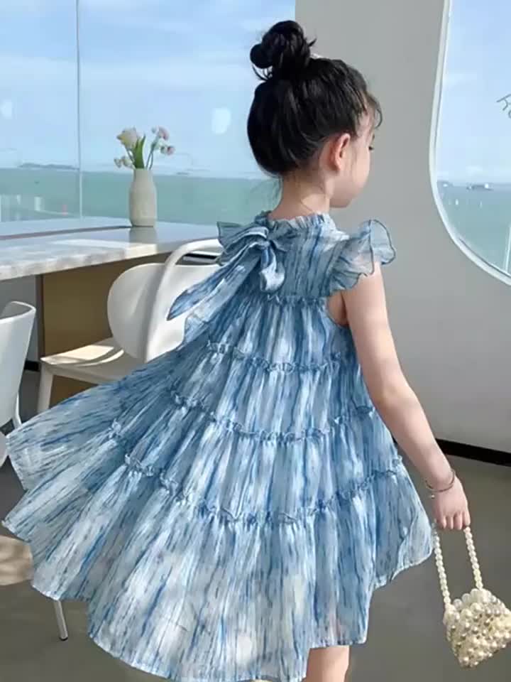 girl dress dress anak Rok Anak Perempuan Gaun Ikat Abstrak Bergaris Vertikal Gaun Putri 25 Musim Panas Pakaian Anak Baru Perdagangan Luar Negeri Dropshipping Usia 3-8 Tahun