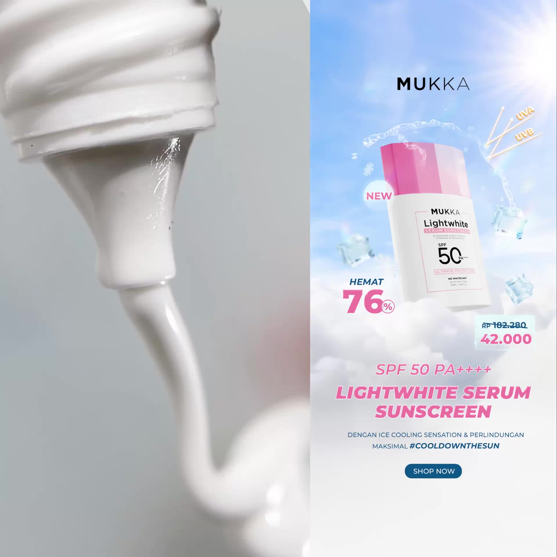 MUKKA [IN VIVO & NON COMEDOGENIC SUNSCREEN TESTED] LIGHTWHITE SERUM SUNSCREEN SPF 50 PA++++ ICE COOLING SUNSCREEN MENGHIDRASI MENCERAHKAN 40ML