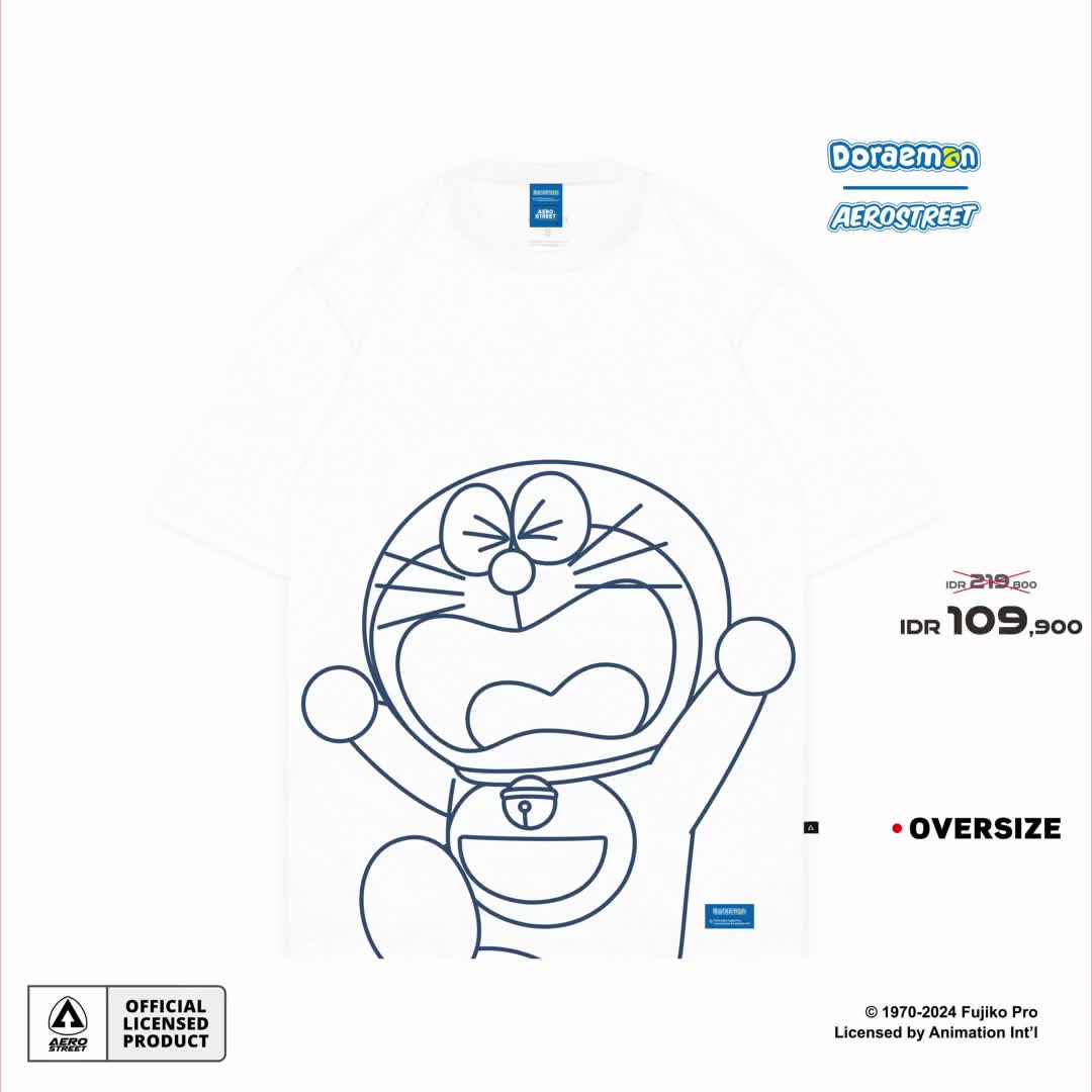 Aerostreet T Shirt Oversize Monoline Doraemon White Kaos FBDAA