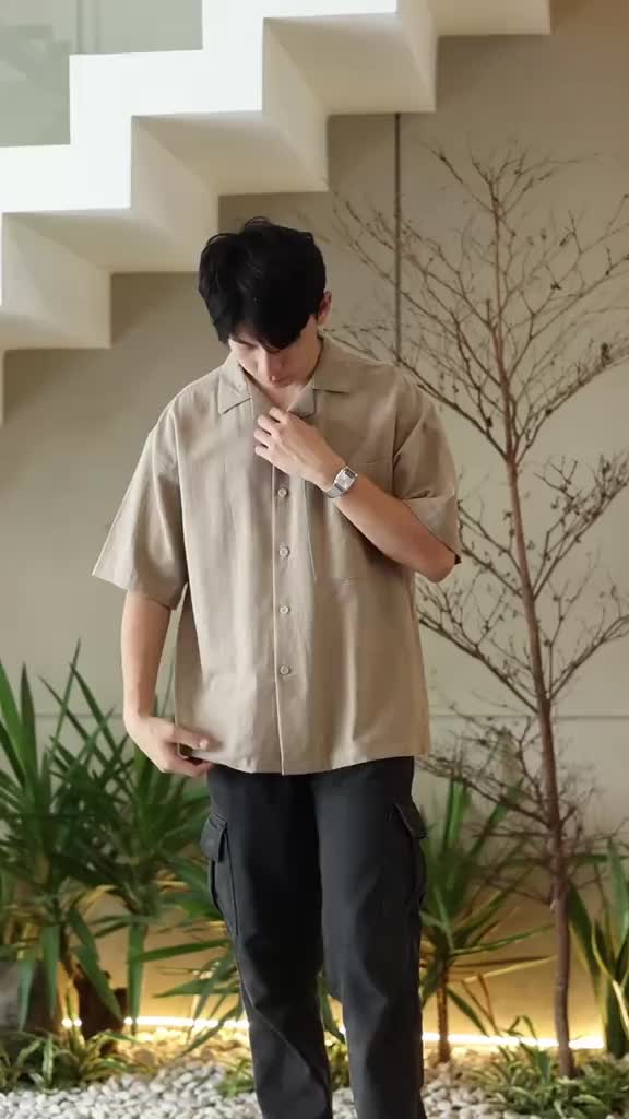 Lifesky Kemeja Linen Cuban Dummy Oversized Casual Basic Coffe
