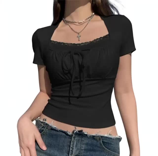 [HEYSOUL] Atasan Crop Wanita Coquette Look - Baju Cewek Feminim Kekinian, Pita Depan & Leher Kotak, Cocok Buat OOTD Top Tangan Pendek Putih Hitam Lembut Fit Kaos Nyaman Santai