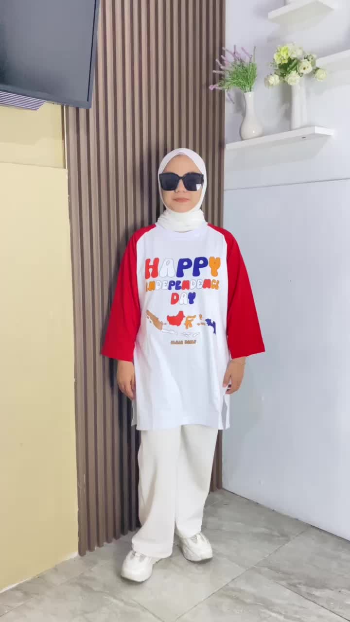 Atasan Wanita Oversize Kaos Kemerdekaan Indonesia Katun Combed Lengan 7/8