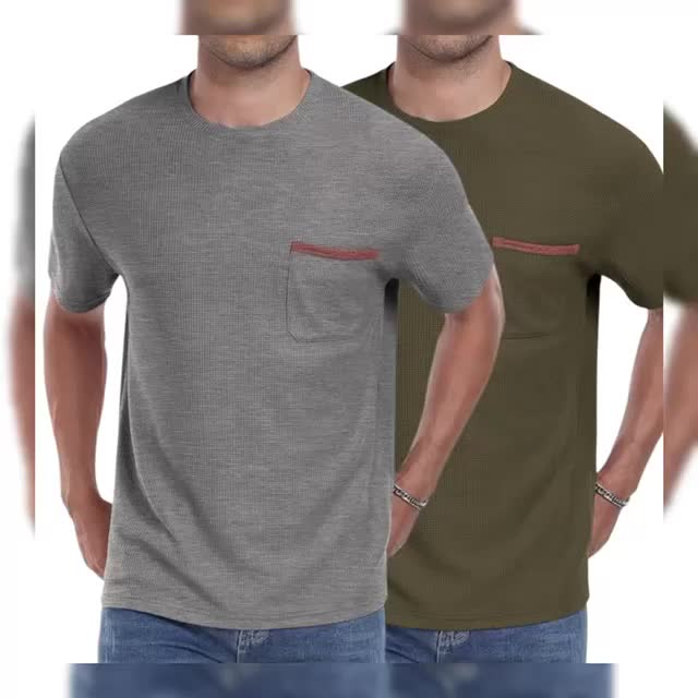 Paket 2 Pcs Kaos Lengan Pendek Pria Bahan Waffle Lembut Anti Kusut Oblong Polos Cowok Kantong Kancing
