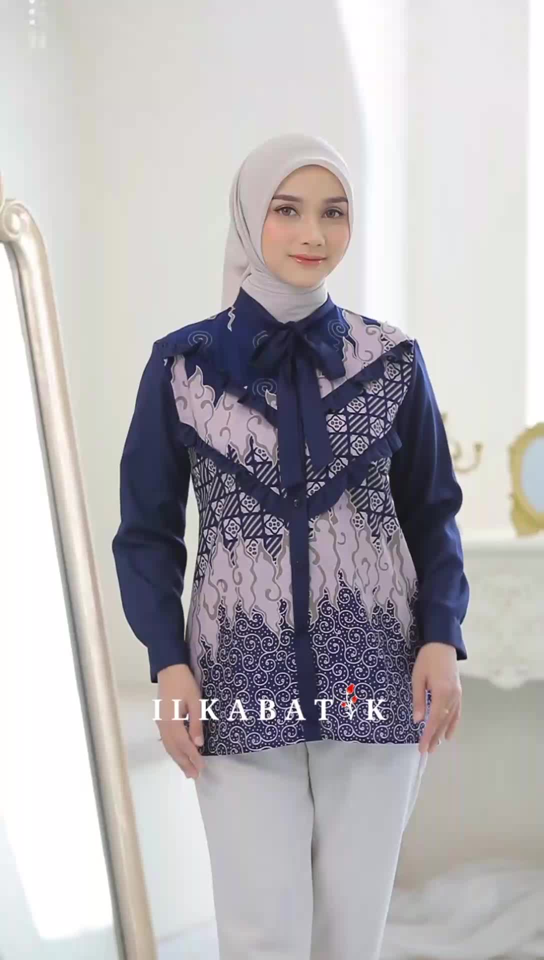 ILKABATIK Aisyah Kemeja Batik Kancing Lengan Panjang Katun Ruffle Kerah Tali Baju Formal Kombinasi Kekinian
