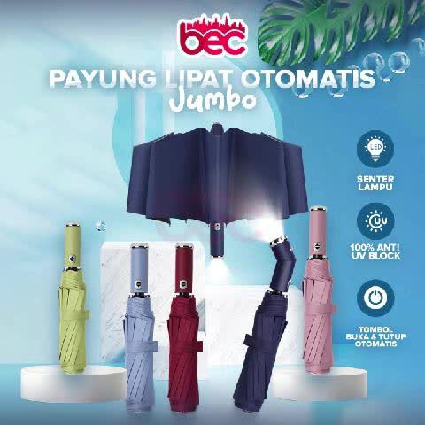 [BEC] Payung Lipat Jumbo + Senter Otomatis Buka Tutup Anti UV Kokoh Payung Hujan IMPORT PREMIUM 10 Kaki