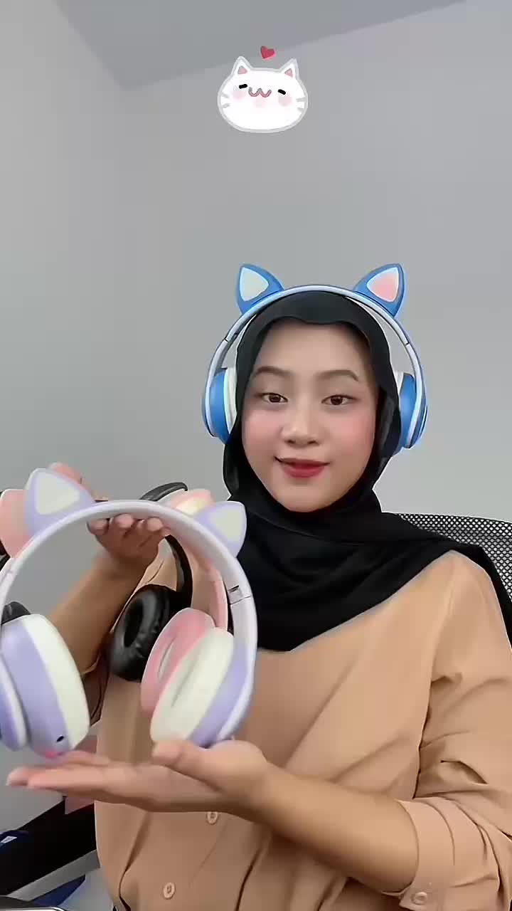 STN28 Wireless Headphone Cat Ears Bluetooth Earphone Stereo Music Earbuds Sports Gaming Headset Ungu Merah Tws