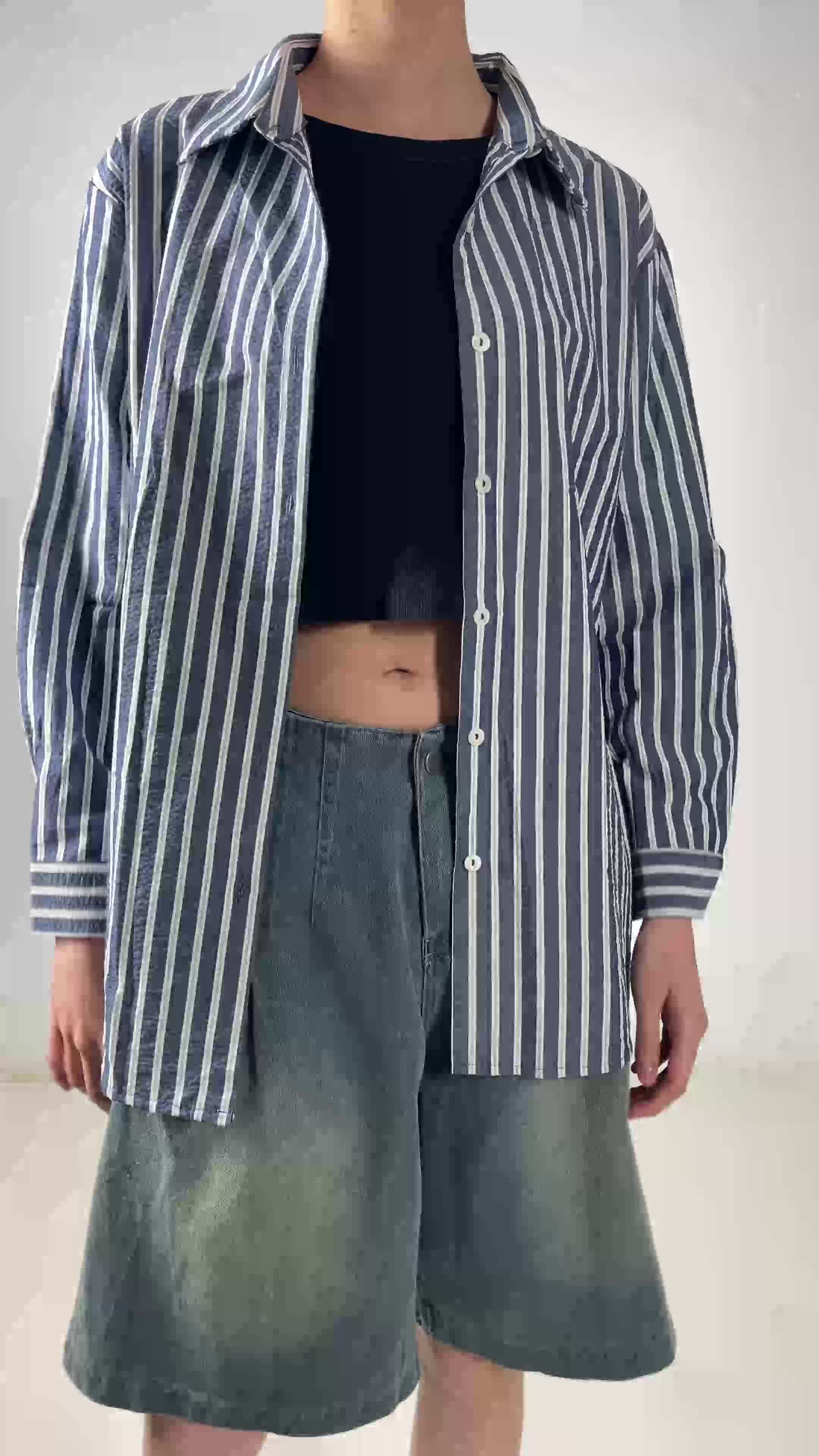 This Is April Atasan Kemeja Striped Wanita Lengan Panjang Kiana Top Dark Blue dan Yellow
