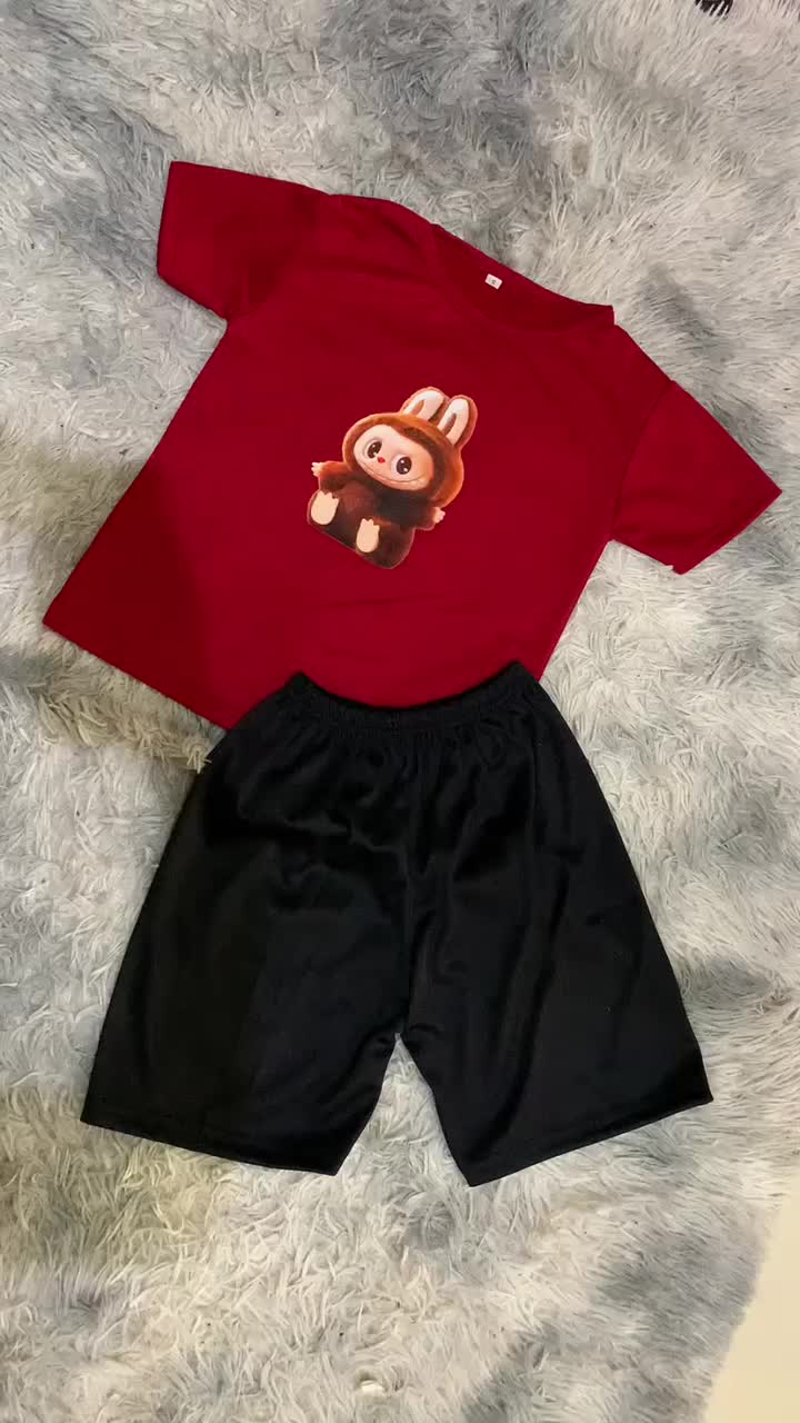 Setelan Baju Anak UNISEX Kaos dan Celana Panjang / Pendek Fashion - Pakaian Anak Perempuan dan Laki Laki Ukuran S-XL - Motif BUBULA Labubu Hitam