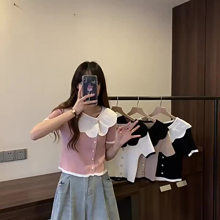 LNR Shop Top Knit Blouse Atasan Rajut dengan Kerah Renda Full Kancing Lengan Pendek Fashion Summer Knit Kaos Dewasa Full Button Baju Santai Jalan Sweater
