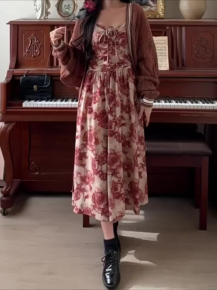 7848 red korean teens formal casual long dress floral for woman red elegant party sexy halter dress plus size Gaun Wanita