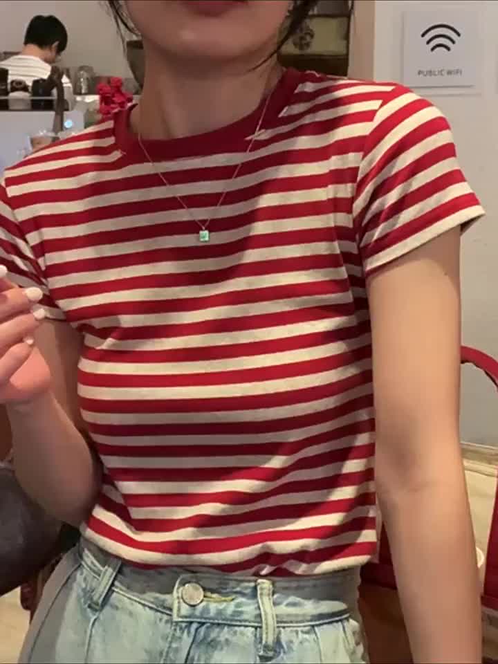 Atasan Crop Top Lengan Pendek Wanita Retro Stripe - Baju