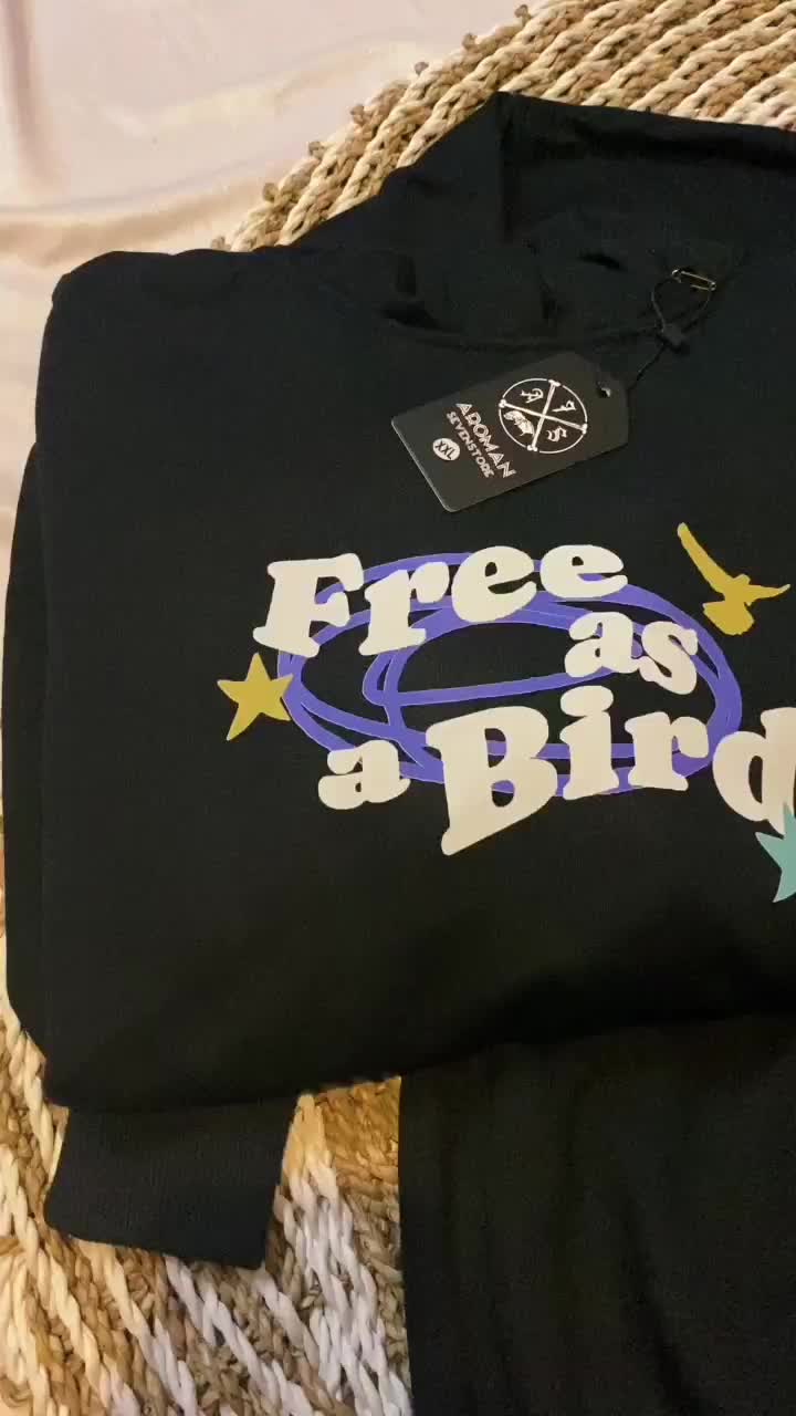 Hoodie Boxy Black Oversize Free As A Bird Unisex Pria Wanita Bahan Katun Fleece High Qualaty Sweater Hoodie Tangan Panjang Simple Distro