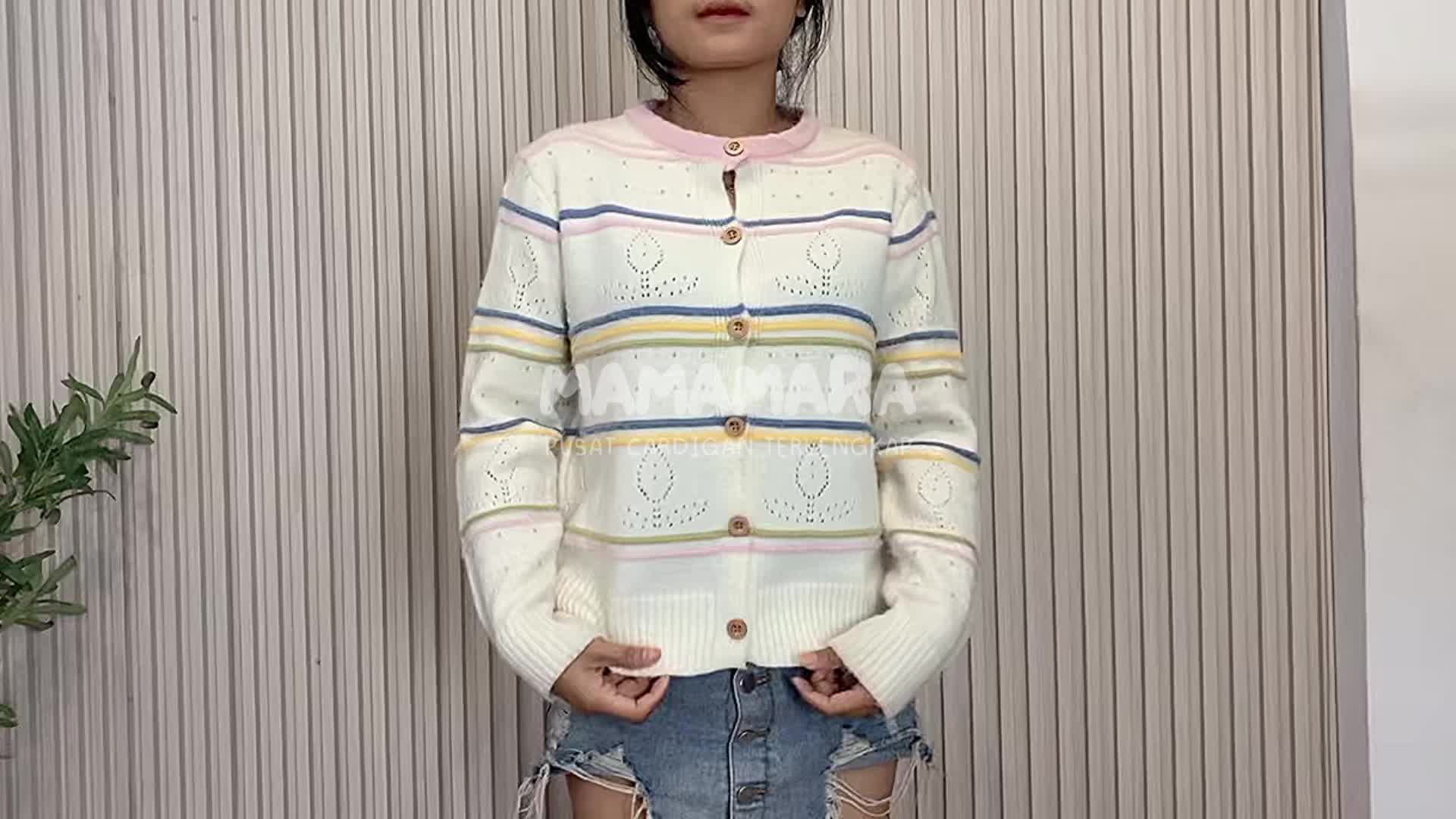 MAMAMARA - Cardigan Rajut Pinky Stripe Pastel Santai Lembut Simple Atasan Wanita Knitwear Outer Panjang Oversize Kardigan Kancing Baju Basic
