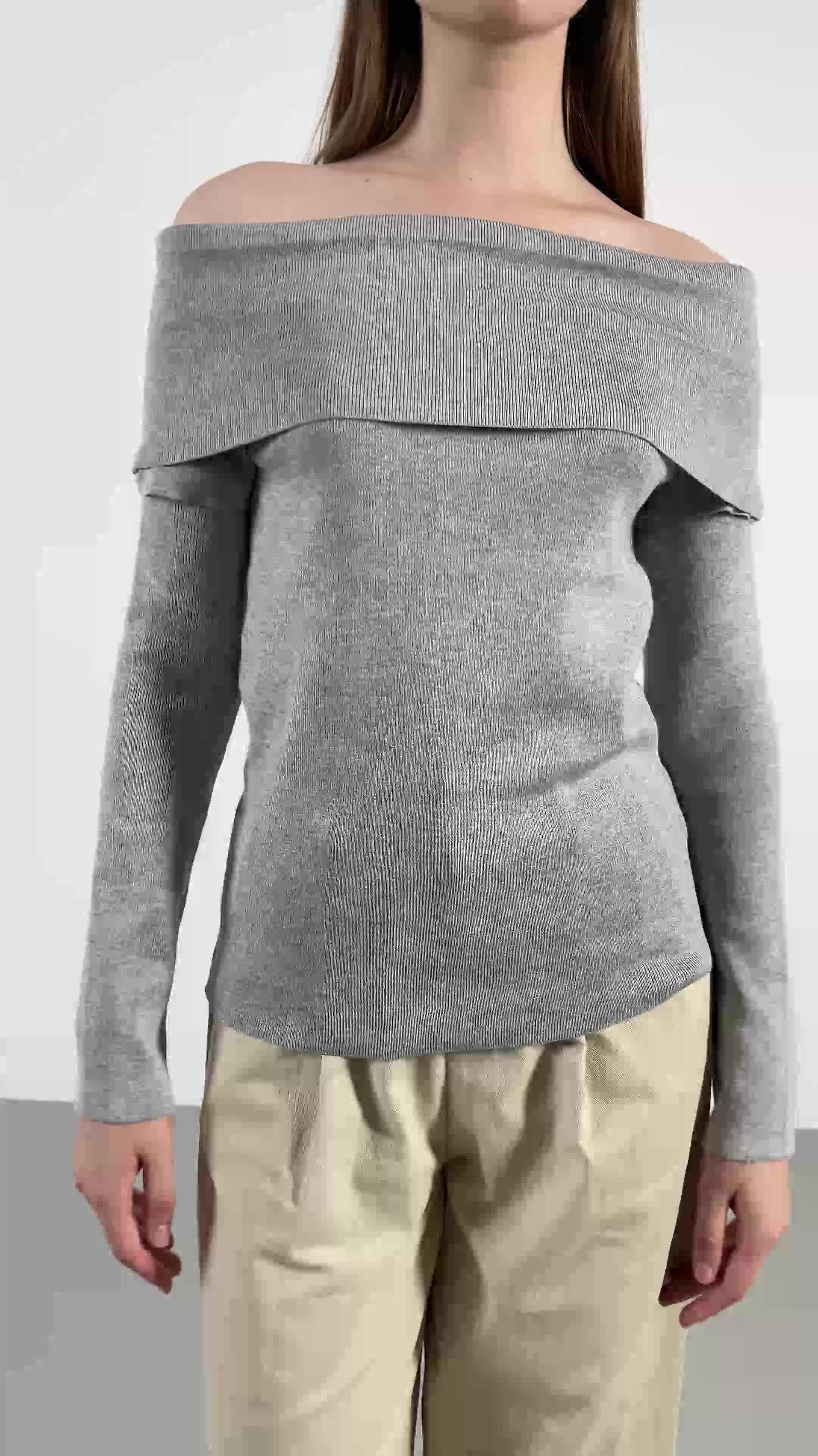 This Is April Atasan Knitwear Rajut Off Shoulder Wanita Kekinian Lengan Panjang Leona Top Grey A300903044