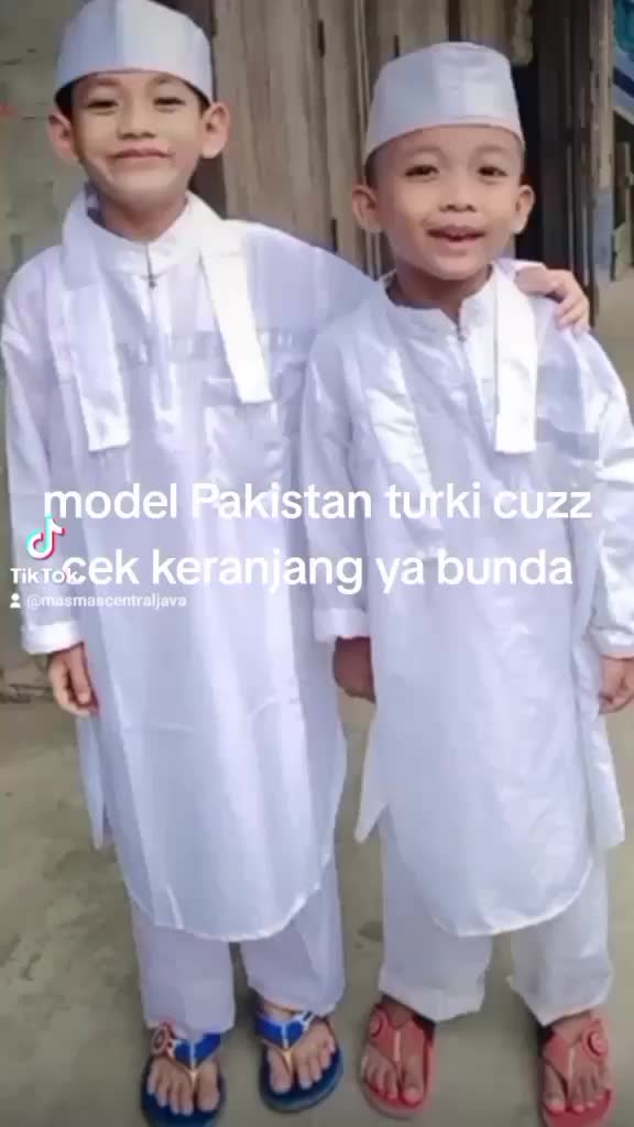 Setelan baju koko anak laki-laki pakistan Turki Putih Celana Muslim kurta Polos Katun Peci Model Lengan Panjang Gamis