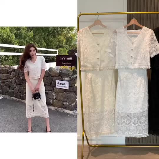 Fringe Hem Lace Set Top n Skirt / Setelan Atasan Rok Korea Aksen Rumbai SET7047