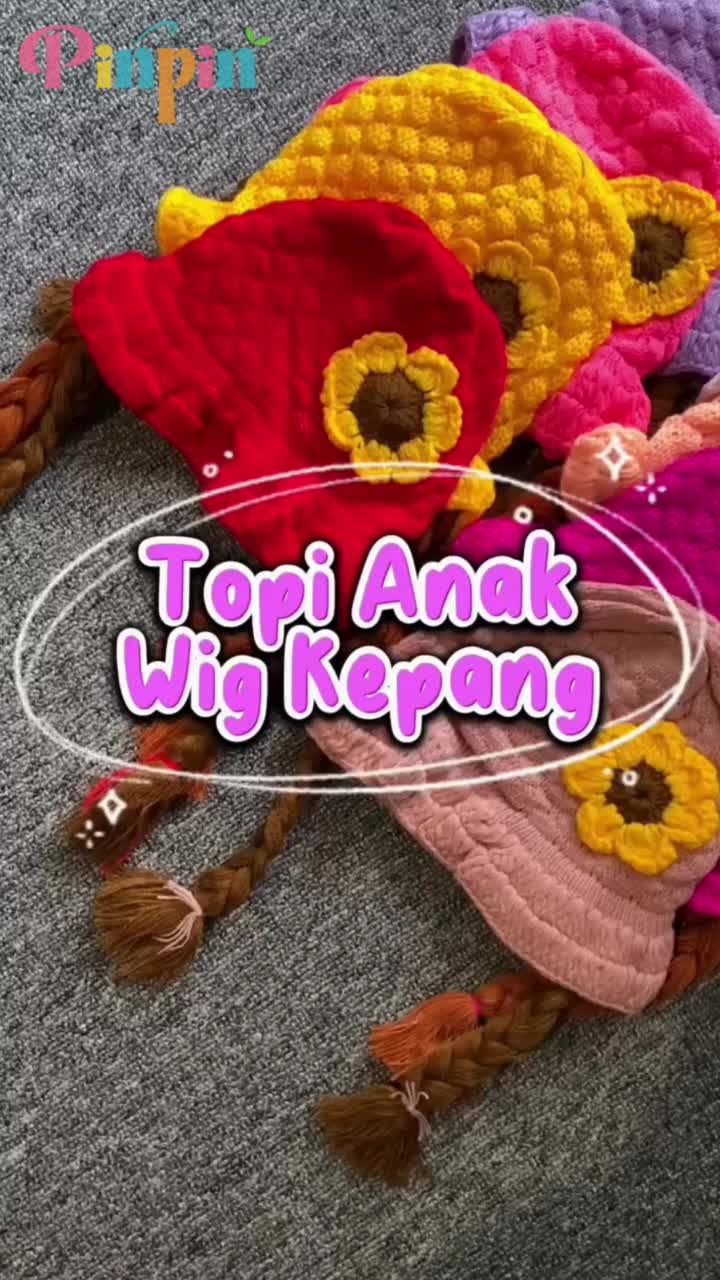 Pinpin Kids - Kupluk Kepang Wig Aplikasi Bunga dan  Pita / Topi Kepang Anak Perempuan