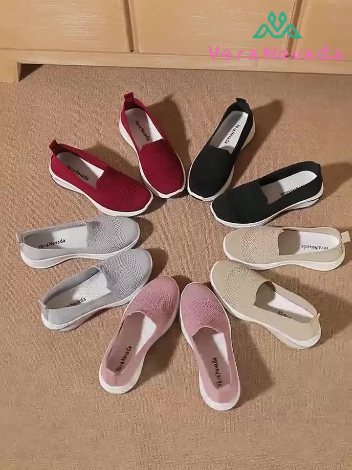 VN Sepatu Kei FlyKnit Flat Slip On Wanita Shoes Black Pink VL02