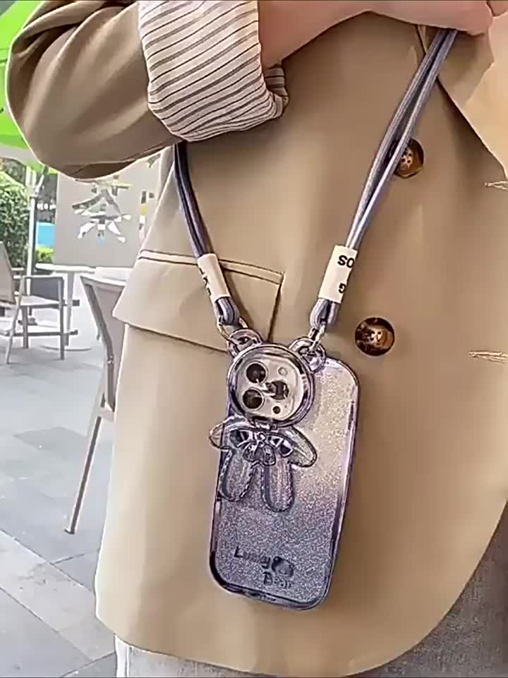3D Lucky Bear Crossbody Lanyard Phone Case For iPhone 15 14 13 12 11 Pro Max X Xr Xs Max 7 8 14 15 Plus Premium Tali Strap Casing Soft Silikon Cover Shockproof With Camera Protection