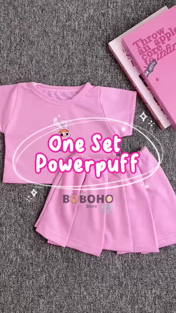 BOBOHO - Setelan Anak Perempuan Lokal Motif Powerpuff / Setelan Rok Pendek dan Lengan Pendek / Motif Powerpuff Gaya Feminim Musim Panas