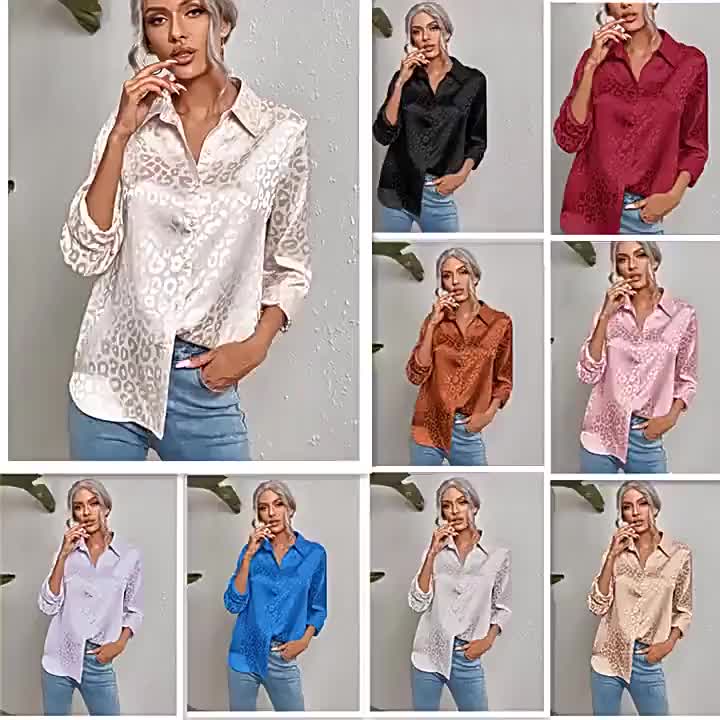 99029 Kemeja wanita satin enam warna, motif macan tutul tiga dimensi, atasan panjang Muslim longgar, kemeja komuter ukuran besar