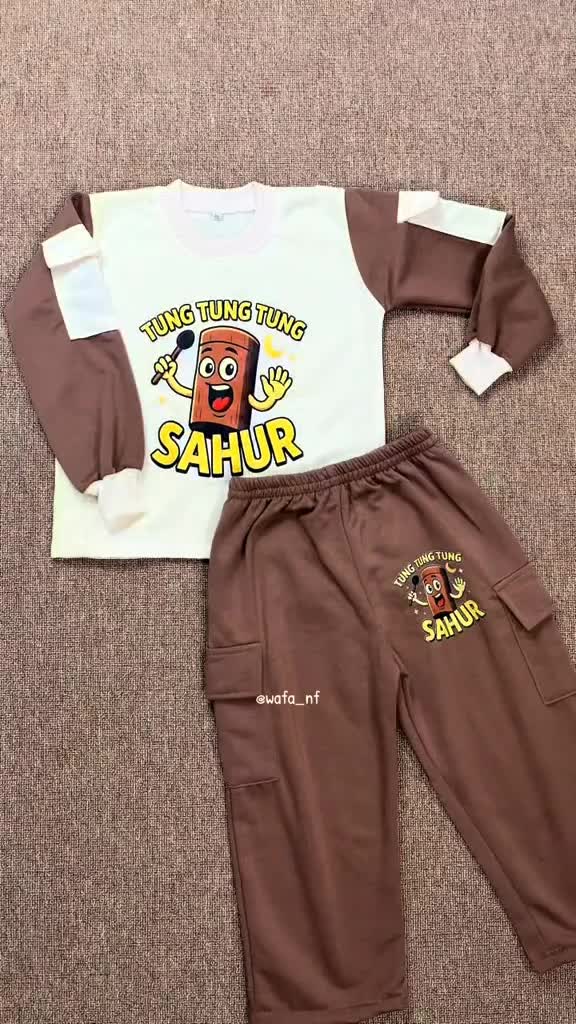 Setelan Baju & Celana Cargo Anak Perempuan Kartun TUNGTUNGSAHUR Viral 2025 Usia 5-12 Tahun