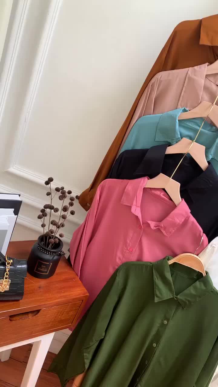 Kemeja Rayon Twill Wanita Polos Korean Style Lengan Panjang Ukuran M-4XL