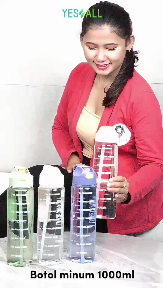YESALL 1000ml Botol Minum Transparan - Water Bottle Air Olahraga Warna Infuse Infuser Warna Penanda Waktu Motivasi 1L SH002 Kitchenware