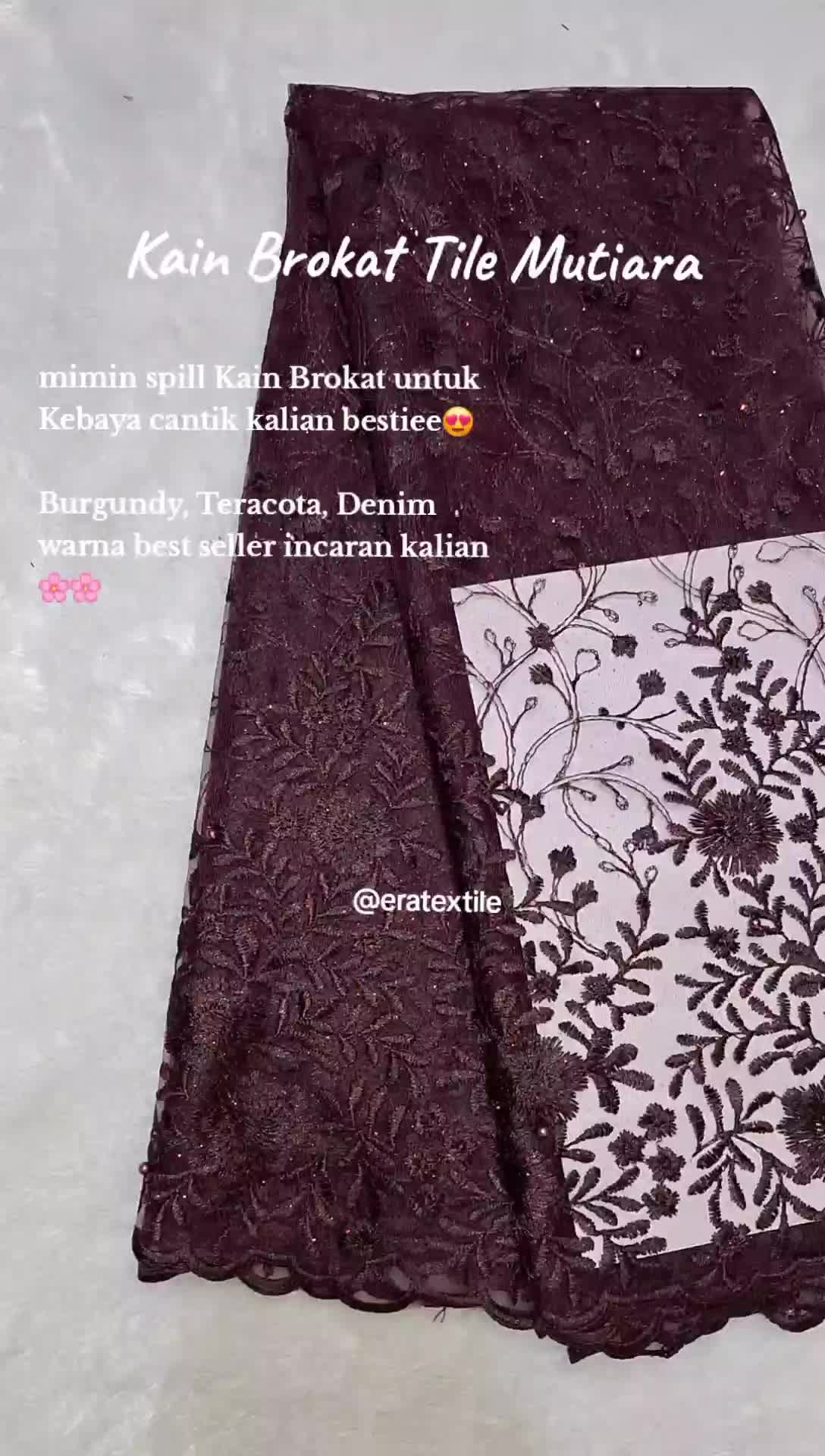Brokat Coklat Mahogany, Bahan Kain Brokat Brukat Meteran Mewah/ Kain Tile Akar Mutiara Gliter/ Kian Tulle Tille/ Kain Brokat Burkat/ Kain Tile Meteran, Kain Tile Mutiara Motif Bunga untuk seragaman bridesmaid dan Kebaya wisuda Satin Brokat