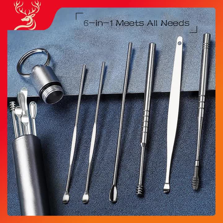 Korek Kuping Stainless 6 in 1 Pembersih Telinga Dengan Case Stainless 1 Set Alat Pembersih Telinga Spiral