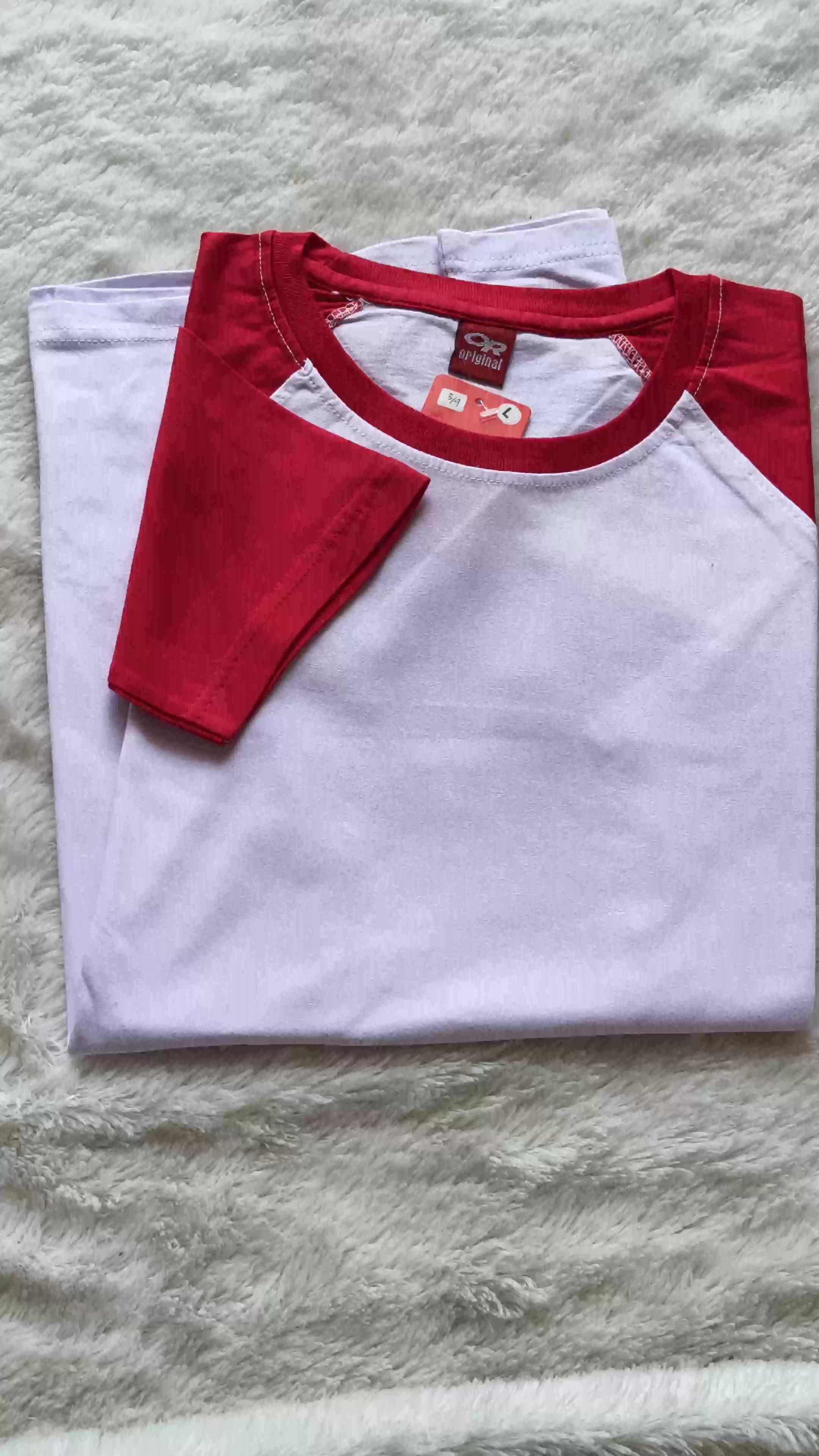 Kaos Reglan Polos  Putih-Merah Lengan 3/4 Dewasa Ukuran M L XL XXL Baju Katun Nyaman Pria Wanita Oblong Lembut Adem Atasan