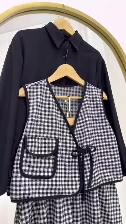 Hanna set 3 in 1 satu set sudah dapat Skirt/Rok Kemeja dan Vest/Rompi Setelan Panjang Wanita