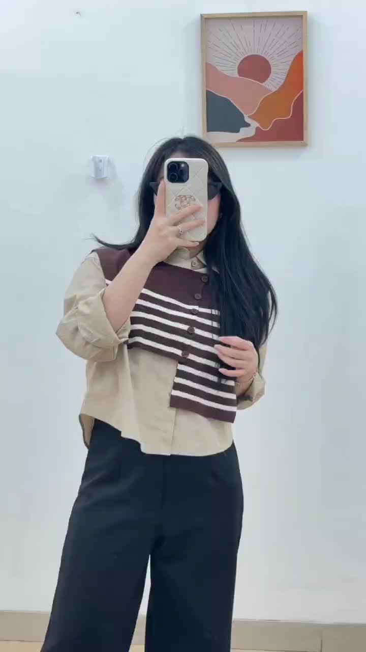 6163 Amanda 2 In 1 Two Tones Vest Long Sleeves Crop Top Blouse Kasual Korean Style Atasan Wanita