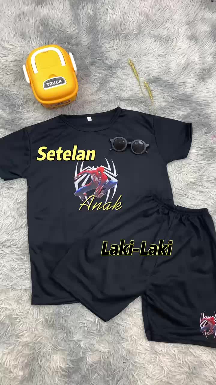 Baju Setelan Anak Laki Laki - Pakaian Kaos dan Celana Fashion Anak Cowok Usia 5-15 Tahun - Motif SPIDERMAN Hitam