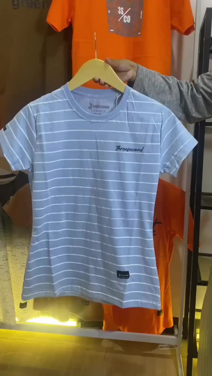 Kaos Cewek Katun Stripe Garis W136 Free Stiker Baju T-shirt Wanita Lengan Pendek Biru Muda Dewasa Halus Lembut Nyaman Sablon Distro
