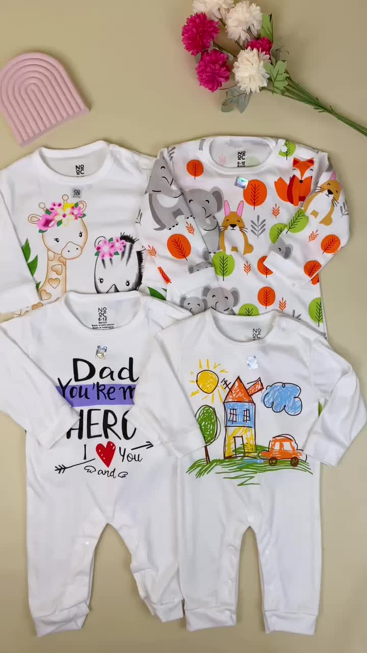 Nooc Jumper Panjang Bayi Motif / Baju Bayi Sleepsuit Katun Lengan Bayi Newborn Tidur Putih Putih