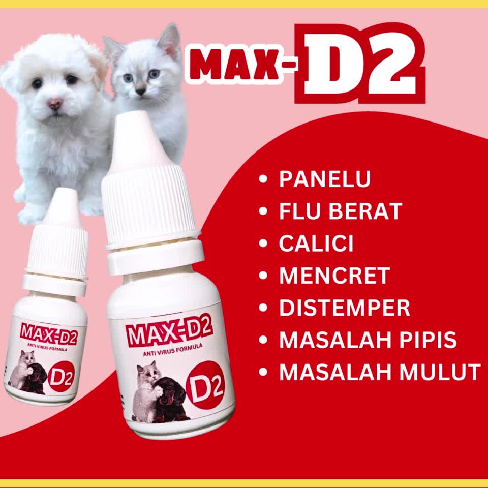 (BISA COD) MAX D2 Obat Virus Kucing Flu Berat, Panleu, Calici, Distemper, Mencret, Pipis Darah, Sariawan, Lemes, Muntah, Bakteri, Bersin